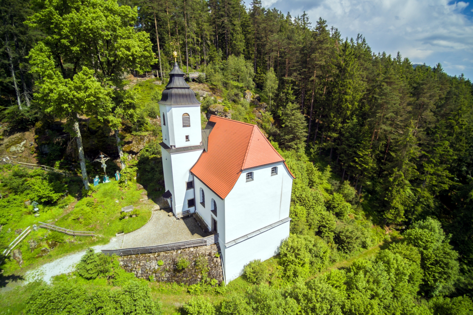 Luftaufnahme auf die Wallfahrtskirche Frauenbrünnl, auch Guntherkircherl genannt