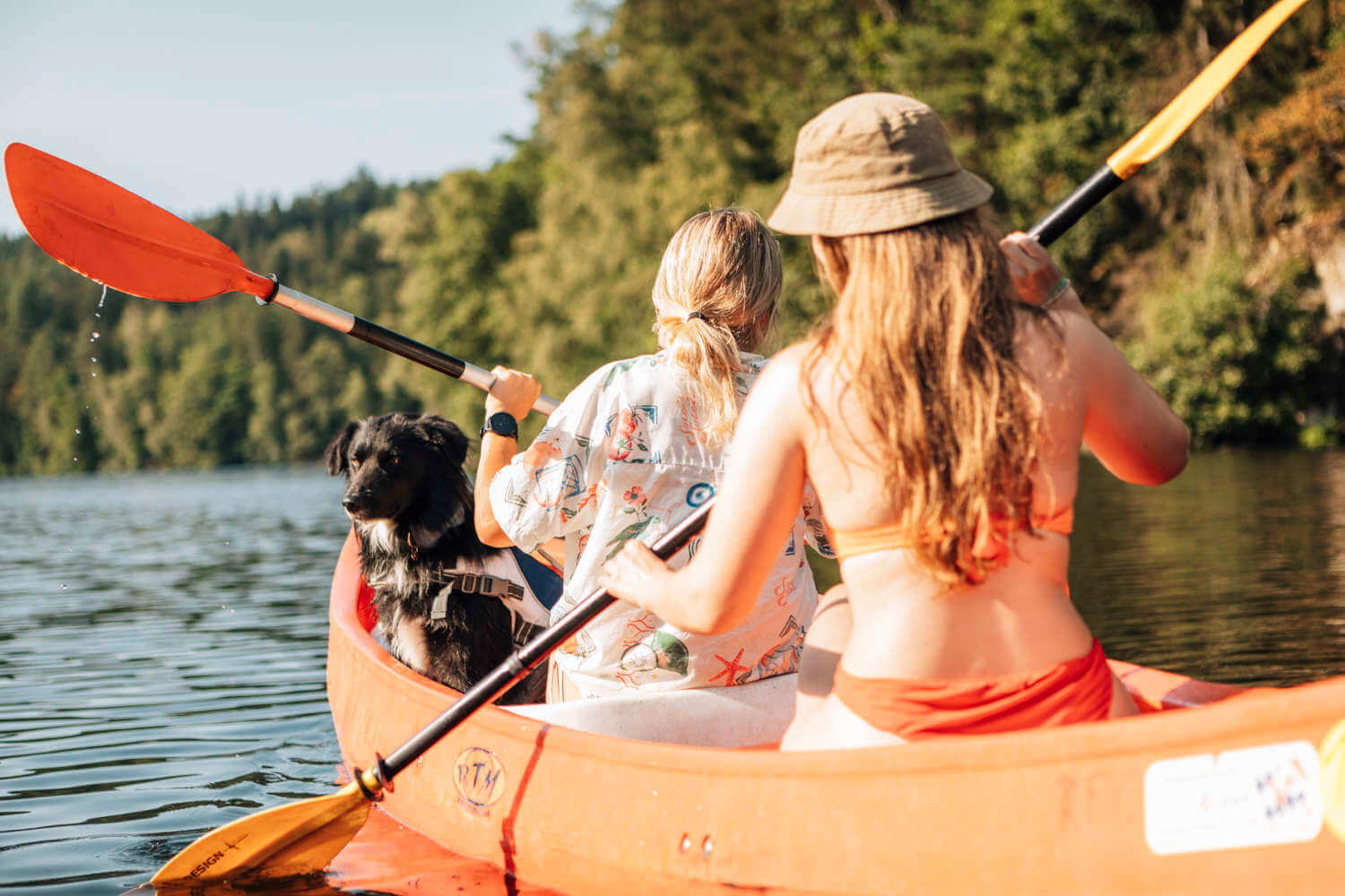 Kanufahrer unterwegs mit ihrem Hund bei einer Bootstour auf dem Höllensteinsee.